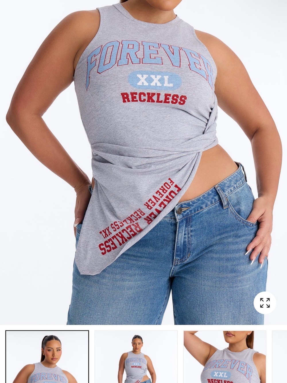 Fashion Nova Grey 'Forever Reckless' Graphic Tank with Red & Light Blue Accents